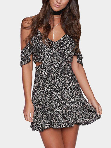 Wholesale Black V-Neck Short Sleeve Floral Print Cut Out Sexy Dress