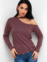 Wholesale Halter One Shoulder Plain Cut Out Slit Long Sleeve Irregular Hem Burgundy T-Shirts