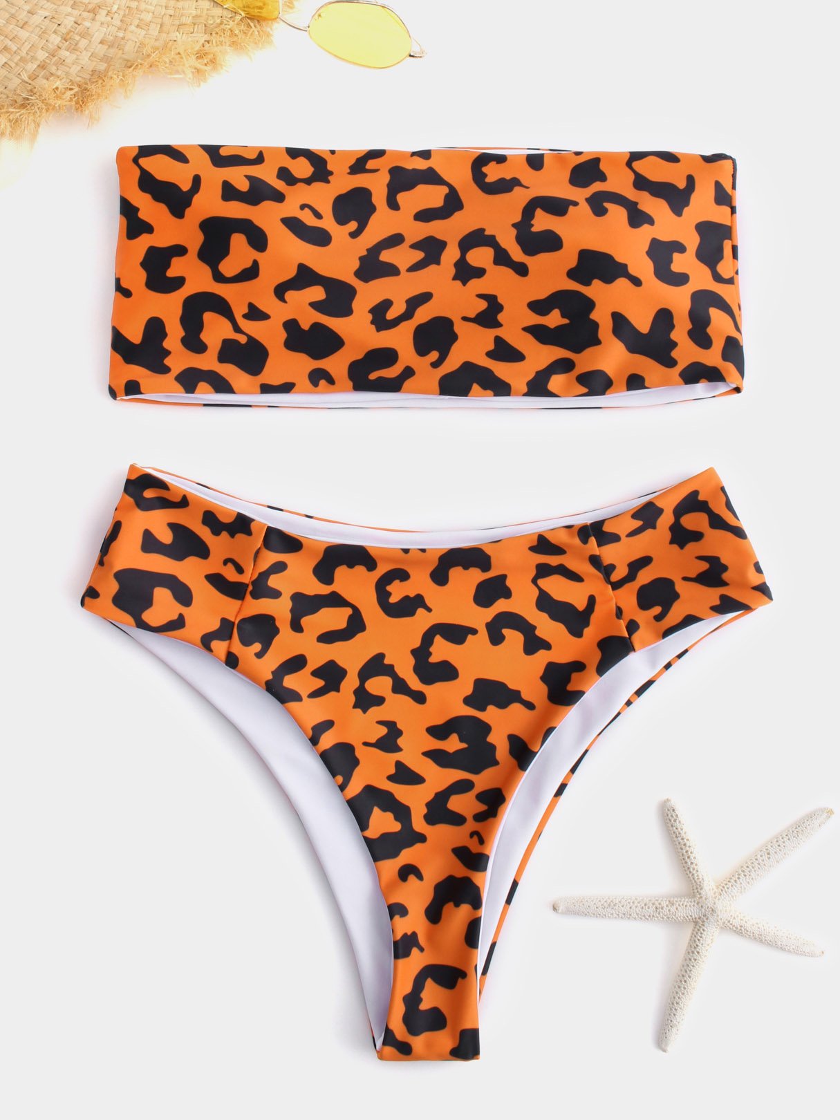 Wholesale Orange Strapless Sleeveless Leopard High-Waisted Bikinis