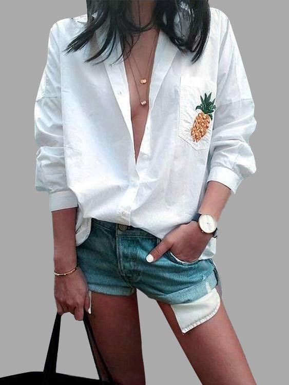 Wholesale Lapel Collar Floral Print Long Sleeve White T-Shirts