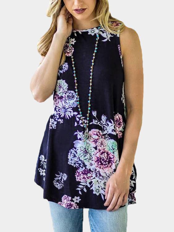 Wholesale Round Neck Floral Print Sleeveless Curved Hem Camis