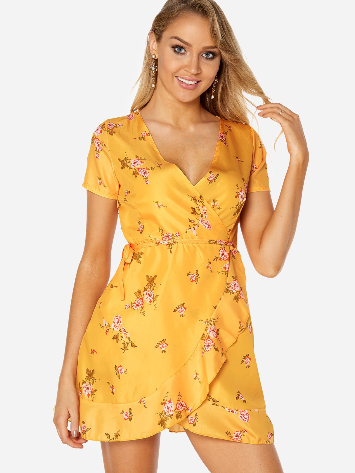 Wholesale Yellow V-Neck Short Sleeve Floral Print Slit Self-Tie Wrap Flounced Hem Mini Dress