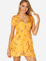 Wholesale Yellow V-Neck Short Sleeve Floral Print Slit Self-Tie Wrap Flounced Hem Mini Dress
