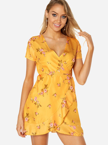 Wholesale Yellow V-Neck Short Sleeve Floral Print Slit Self-Tie Wrap Flounced Hem Mini Dress
