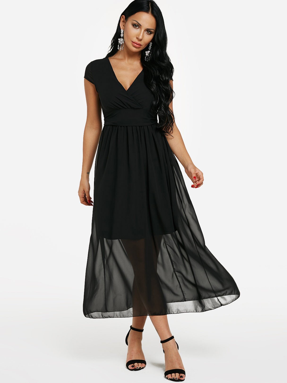 Wholesale V Neck Short Sleeve Partially Lined Wrap Flounced Hem