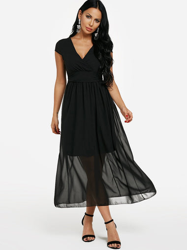 Wholesale V-Neck Short Sleeve Partially Lined Wrap Flounced Hem Black Chiffon Dresses