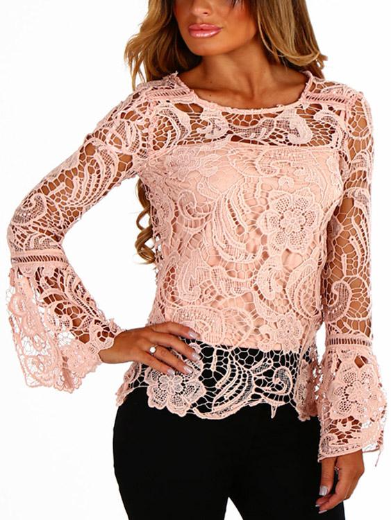 Wholesale See-Through Lace Details Round Neck Long Sleeves Sexy Top