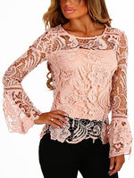 Wholesale See-Through Lace Details Round Neck Long Sleeves Sexy Top