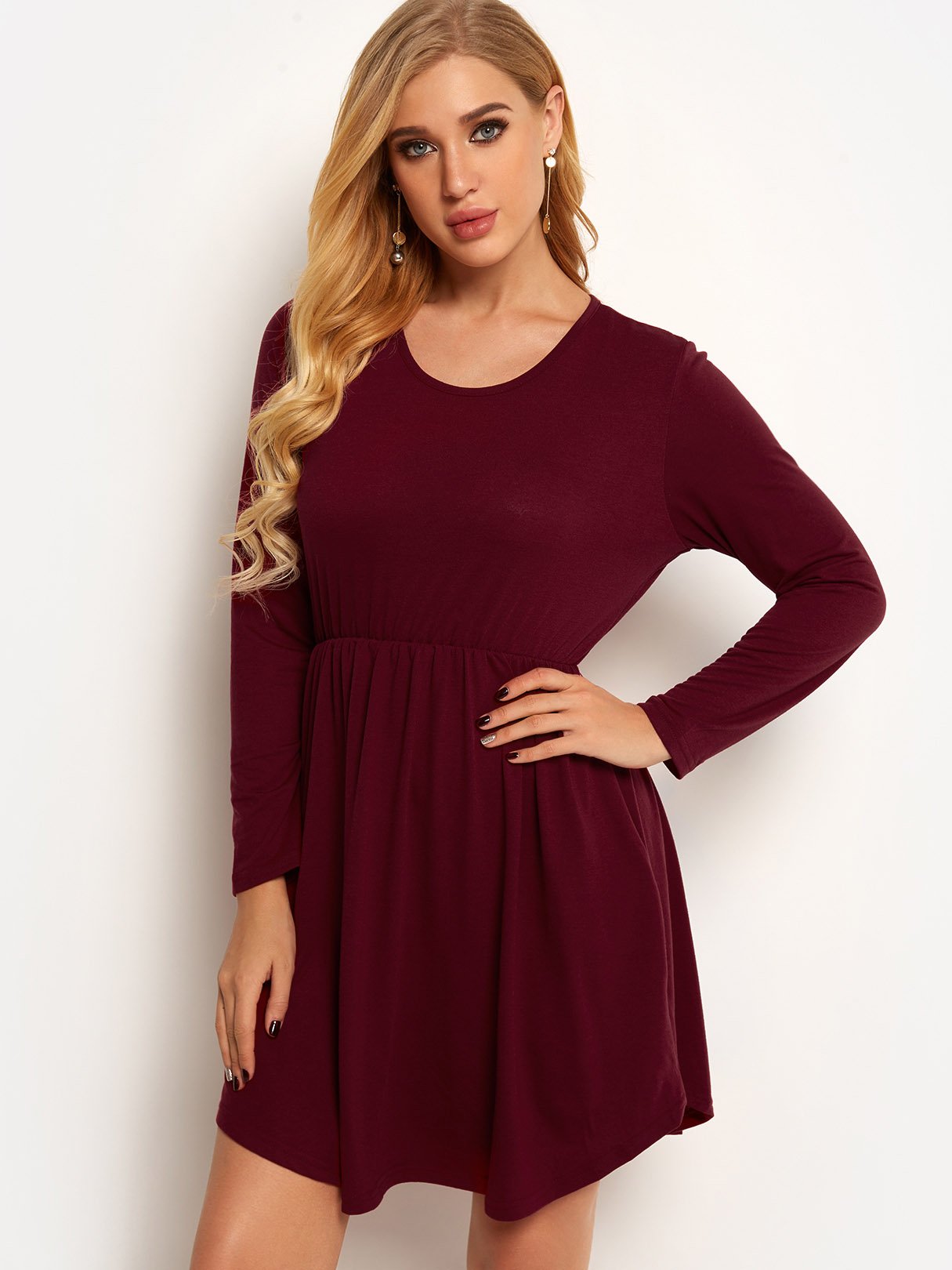 Wholesale Crew Neck Long Sleeve Plain Side Pockets Pleated Curved Hem High-Waisted Casual Dress