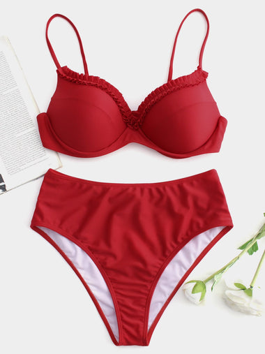Wholesale Plain Ruffle Trim Sleeveless Red Bikini Set