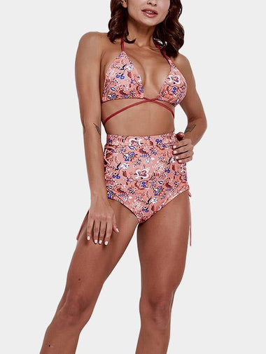 Wholesale Pink Halter V-Neck Sleeveless Floral Print Criss-Cross Tie-Up High-Waisted Bikini Swimsuit