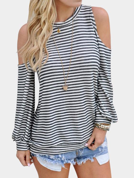 Wholesale Round Neck Cold Shoulder Stripe Long Sleeve Top