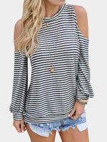 Wholesale Round Neck Cold Shoulder Stripe Long Sleeve Top