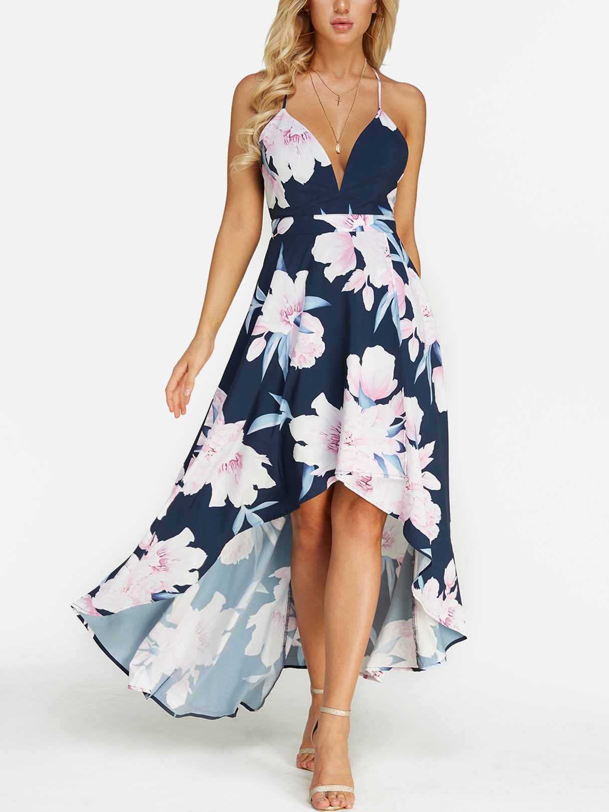 Wholesale Deep V Neck Sleeveless Floral Print Backless Spaghetti Strap High-Low Hem Maxi Dresses