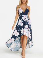 Wholesale Deep V Neck Sleeveless Floral Print Backless Spaghetti Strap High-Low Hem Maxi Dresses