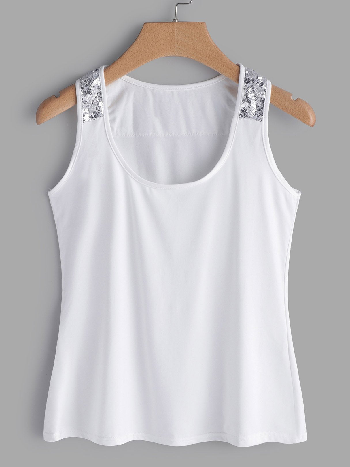 Wholesale V-Neck Plain Sequins Embellished Sleeveless White Tank Top