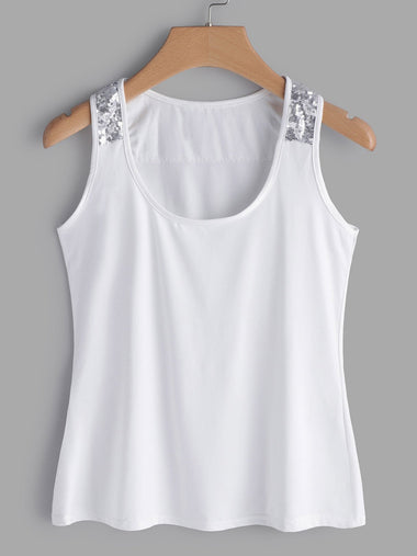Wholesale V-Neck Plain Sequins Embellished Sleeveless White Tank Top