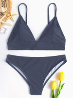 Wholesale Grey Deep V Neck Sleeveless Spaghetti Strap Two Piece Bikinis