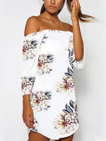 Wholesale White Off The Shoulder Floral Print Curved Hem Dresses