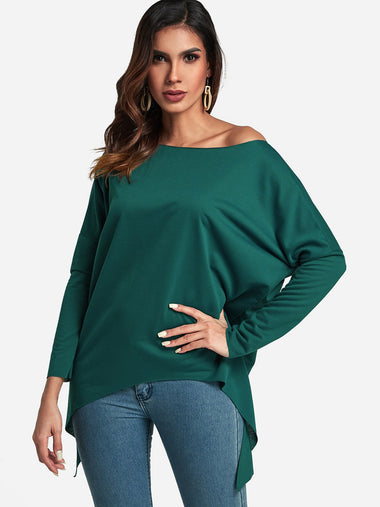 Wholesale One Shoulder Plain Slit Long Sleeve Irregular Hem Top