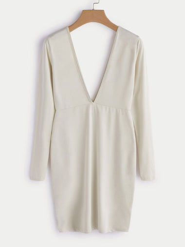 Wholesale Beige Deep V Neck Long Sleeve Plain Backless Dresses