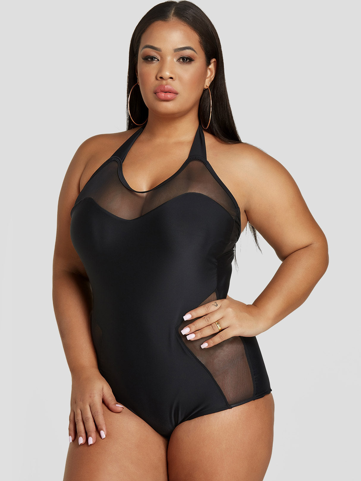Wholesale Halter Plain Self-Tie Sleeveless Black Plus Size Swimwear