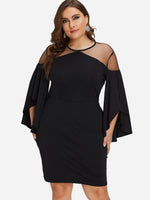 Wholesale Round Neck Plain Cut Out See Through Long Sleeve Black Plus Size Dress