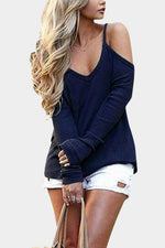 Wholesale Blue V-Neck Cold Shoulder Long Sleeve T-Shirts