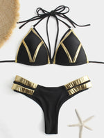 Wholesale Black V-Neck Sleeveless Backless Cut Out Tie-Up Bikinis Set