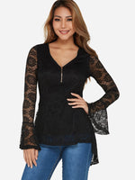 Wholesale V-Neck Lace Zip Back Long Sleeve Irregular Hem Black T-Shirts