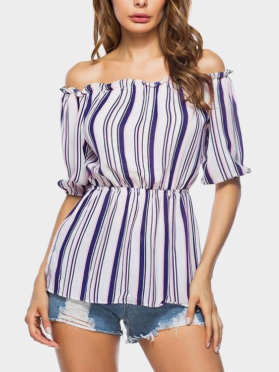 Wholesale Off The Shoulder Stripe Half Sleeve Blouses