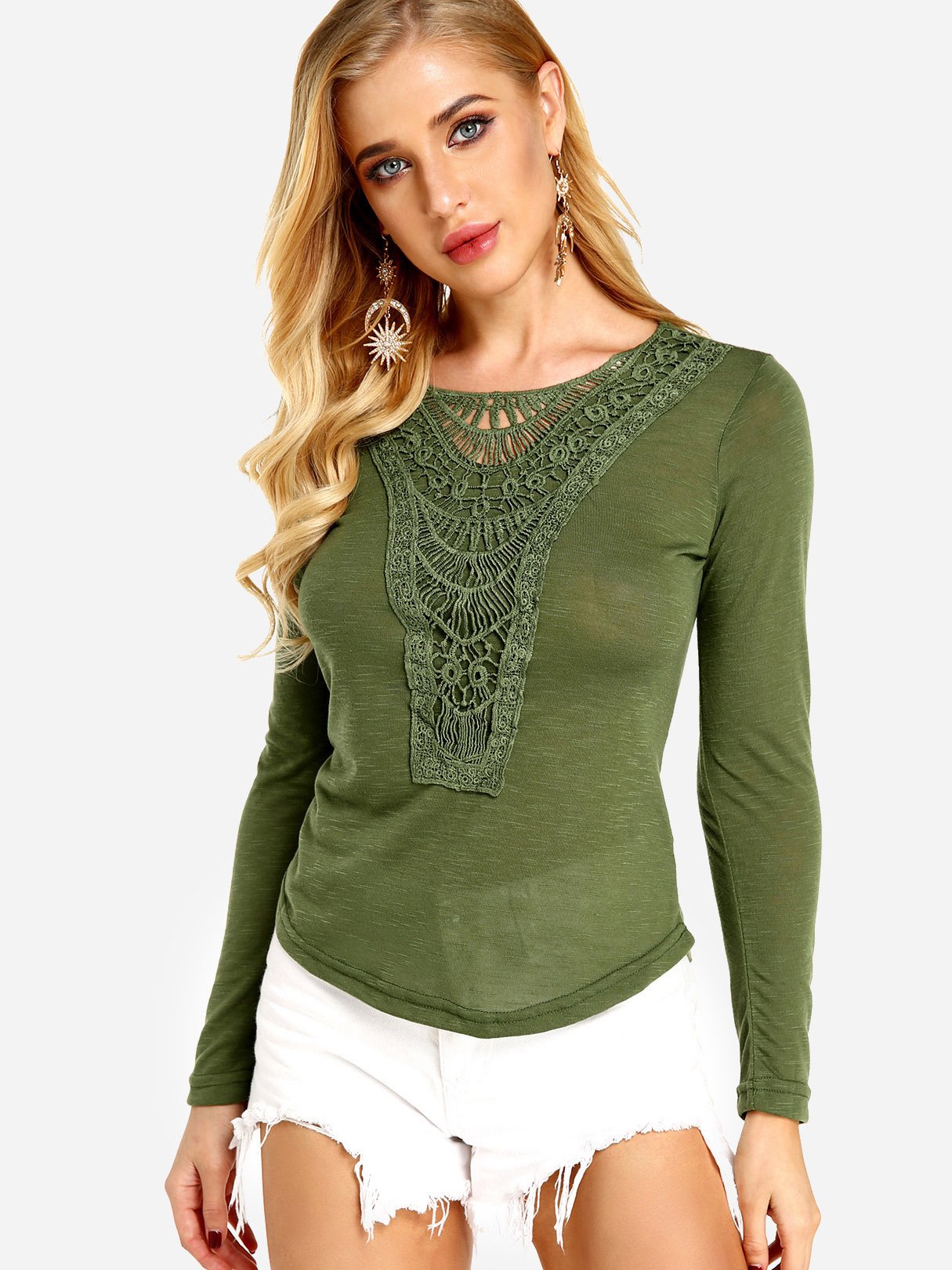 Wholesale Round Neck Plain Lace Long Sleeve Fashion T-Shirt