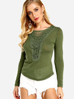 Wholesale Round Neck Plain Lace Long Sleeve Fashion T-Shirt