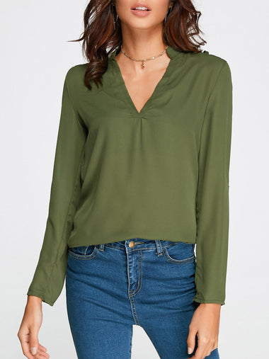 Wholesale V-Neck Cut Out Long Sleeve Green Top