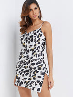 Wholesale Sleeveless Leopard Backless Spaghetti Strap Slit Hem Mini Dress