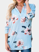 Wholesale V-Neck Floral Print Long Sleeve Curved Hem Blouse