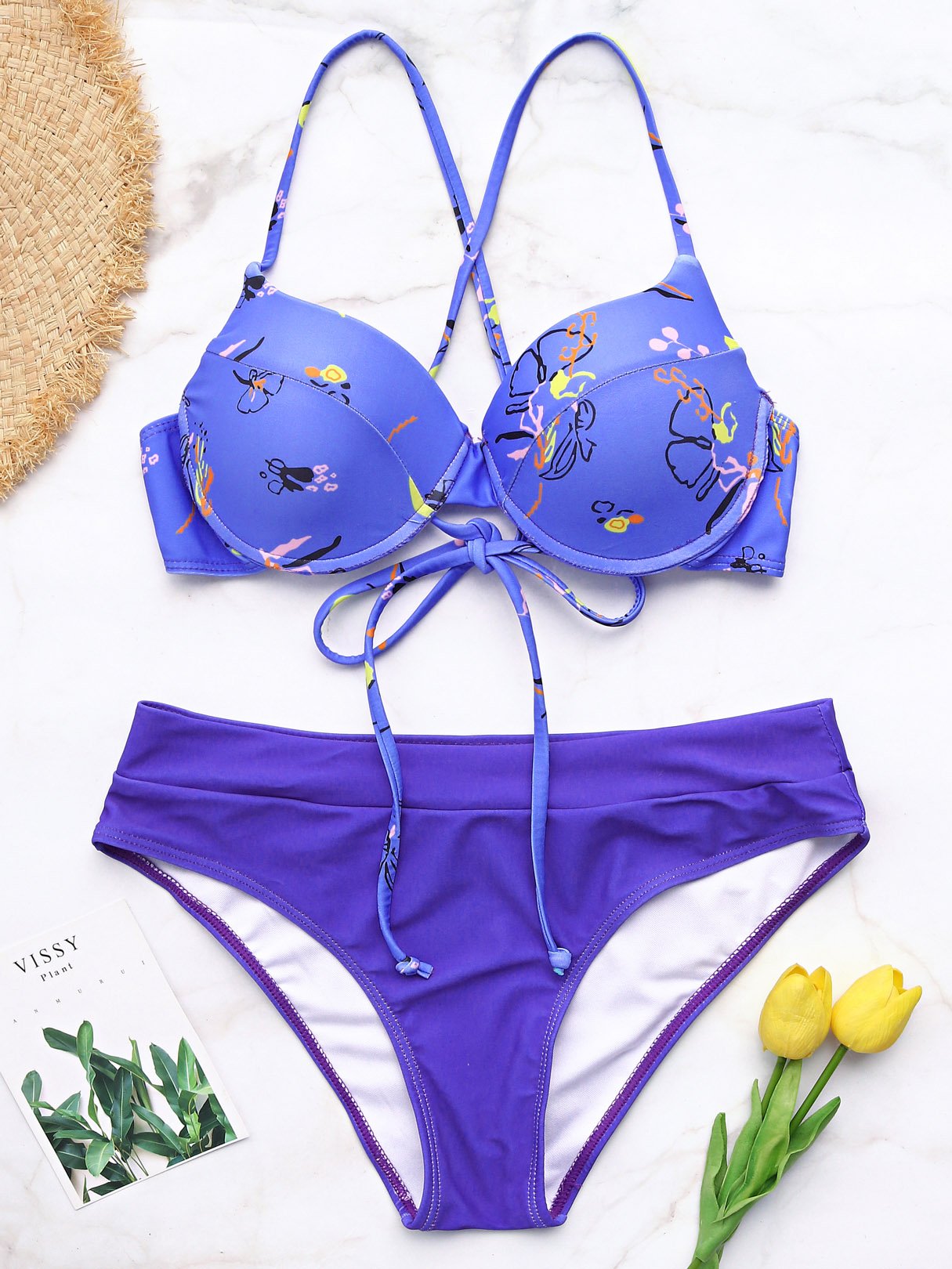Wholesale Purple V-Neck Sleeveless Floral Print Criss-Cross Bikini Swimsuit
