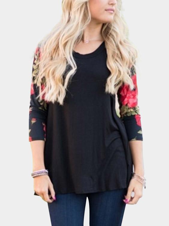 Wholesale Floral Print Round Neck 3/4 Raglan Sleeve Black Top