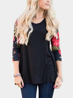 Wholesale Floral Print Round Neck 3/4 Raglan Sleeve Black Top