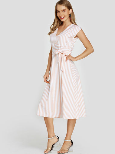 Wholesale V-Neck Stripe Cut Out Self-Tie Sleeveless Pink Midi Dress