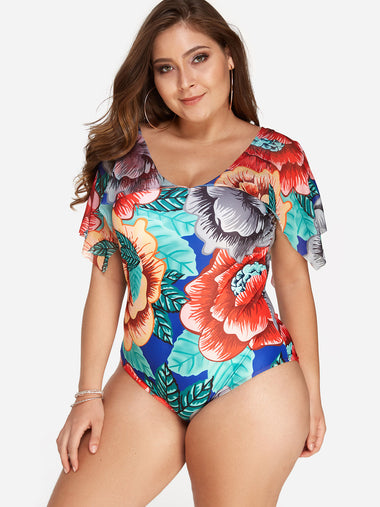 Wholesale V-Neck Floral Print Backless Cut Out Short Sleeve Plus Size Swimwear
