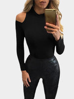 Wholesale Round Neck Cold Shoulder Long Sleeve Bodycon Hem Black Top