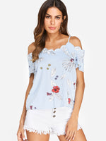 Wholesale Cold Shoulder Stripe Floral Print Spaghetti Strap Short Sleeve Blue Blouses