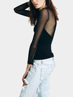 Wholesale Round Neck Sheer Mesh Panel Long Sleeve Black Top