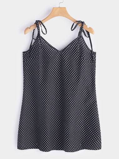 Wholesale Black V-Neck Sleeveless Polka Dot Backless Lace-Up Spaghetti Strap Mini Dress