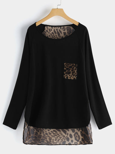 Wholesale Round Neck Leopard Long Sleeve High-Low Hem Plus Size Tops