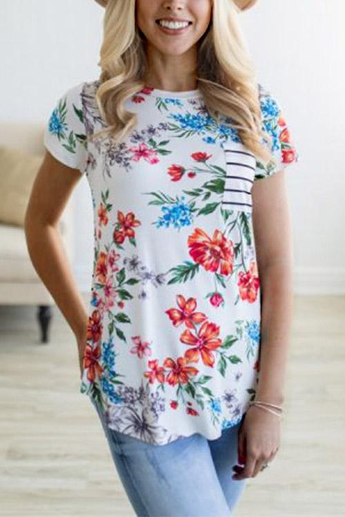 Wholesale Round Neck Floral Print Short Sleeve White T-Shirts