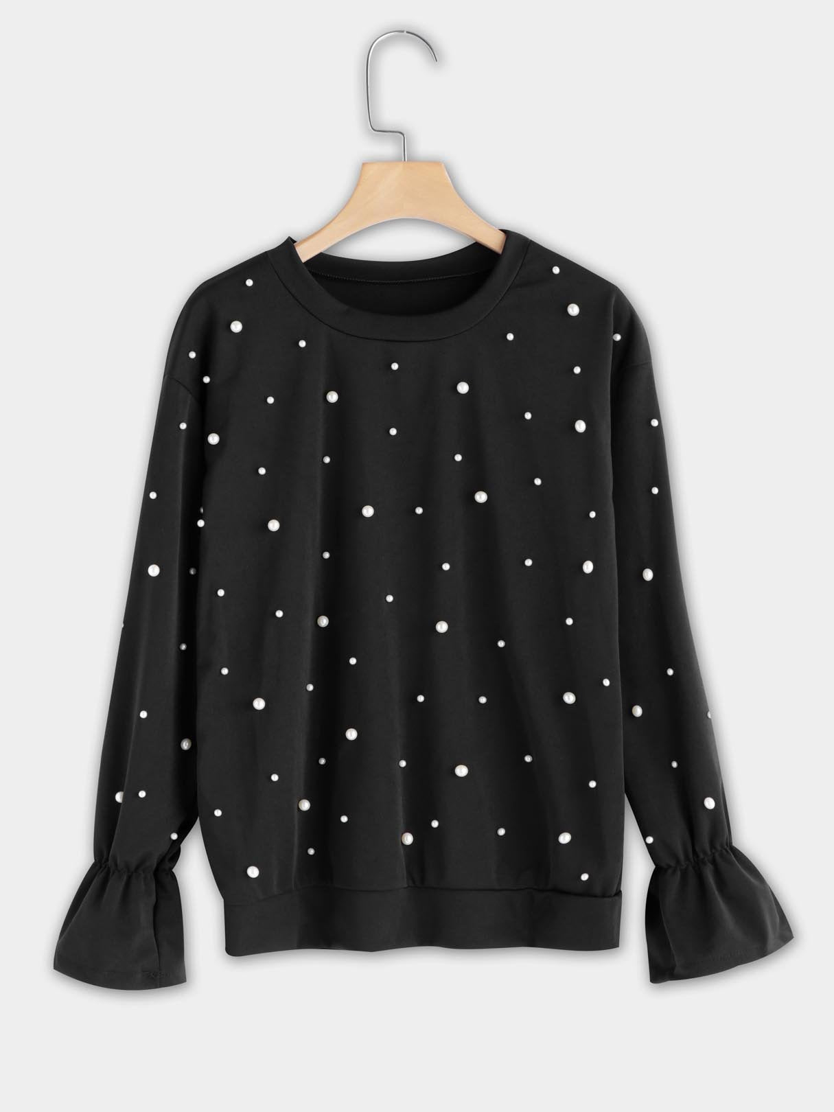 Wholesale Round Neck Long Sleeve Black Nail Bead Top