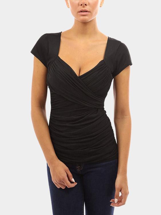 Wholesale V-Neck Plain Crossed Front Pleated Short Sleeve T-Shirts