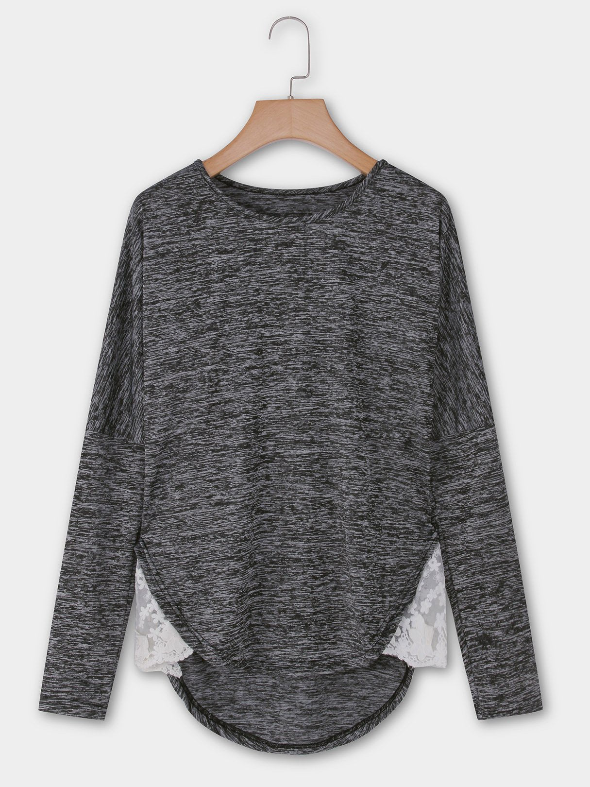 Wholesale Round Neck Embroidered Long Sleeve Stitching Hem Dark Grey T-Shirts